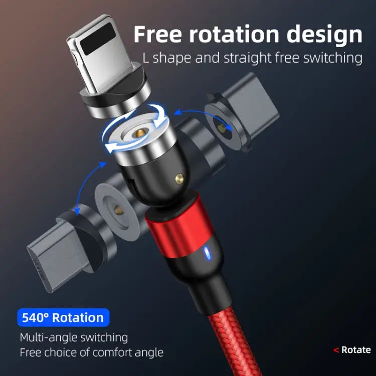 1m 2A Output 3 in 1 USB to 8 Pin + USB-C / Type-C + Micro USB Nylon Braided Rotate Magnetic Charging Cable