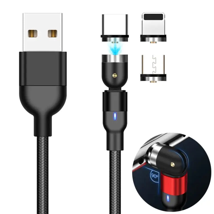 1m 2A Output 3 in 1 USB to 8 Pin + USB-C / Type-C + Micro USB Nylon Braided Rotate Magnetic Charging Cable - 1m 3 in 1
