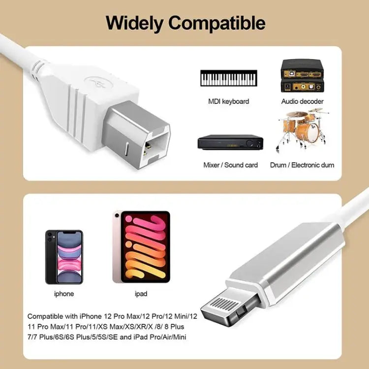 1m 8 Pin to USB-B MIDI Cable for iPad / iPhone - 8 Pin