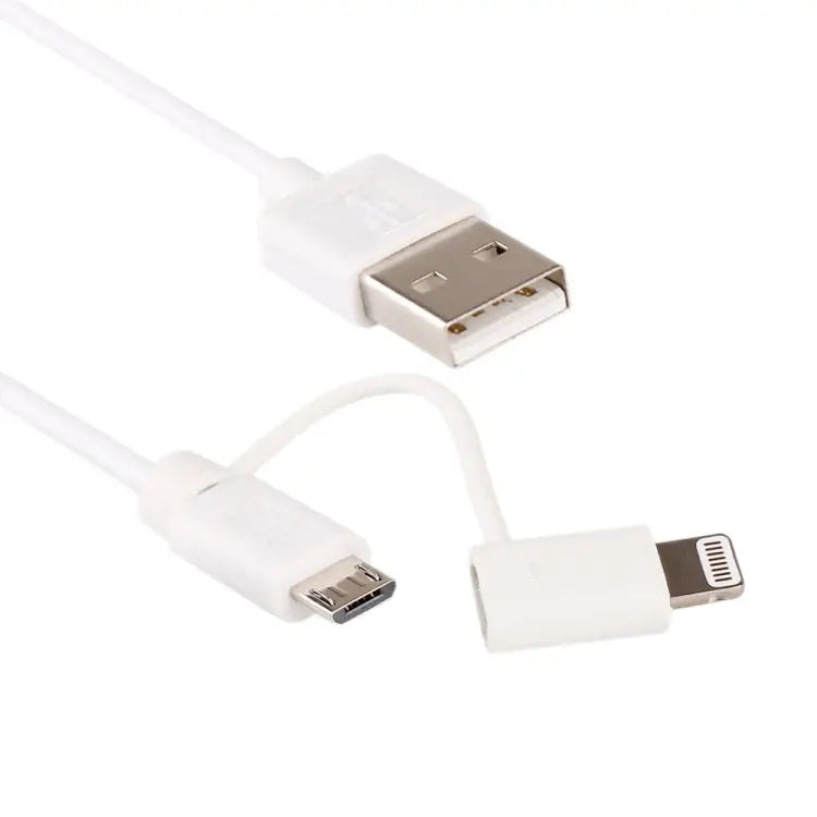 1m MFI 2 in 1 8 pin + Micro USB 2.0 Male to USB Data Sync Charging Cable - White