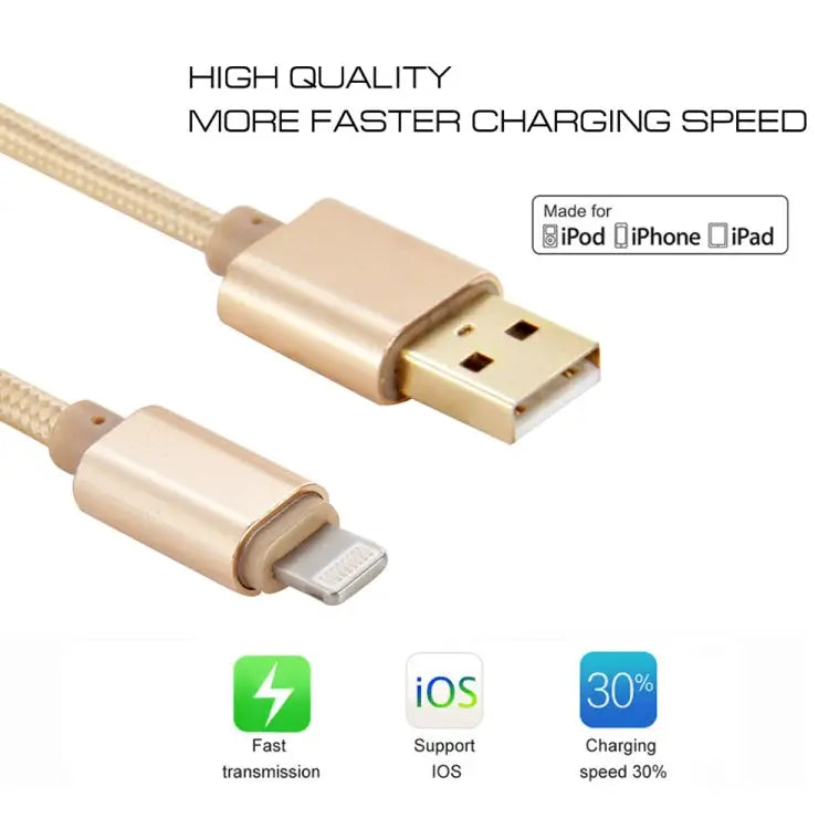 1m Woven Style Metal Head 8 Pin to USB Data Sync Charging Cable for iPhone iPad