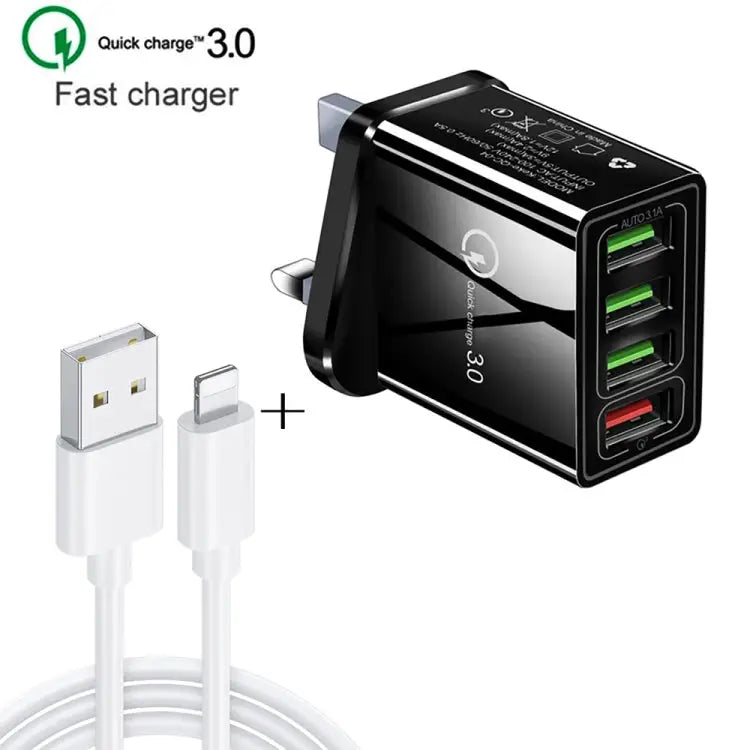 2 in 1 1m USB to 8 Pin Data Cable + 30W QC 3.0 4 USB Interfaces Mobile Phone Tablet PC Universal Quick Charger Travel