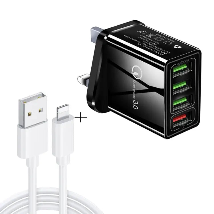 2 in 1 1m USB to 8 Pin Data Cable + 30W QC 3.0 4 USB Interfaces Mobile Phone Tablet PC Universal Quick Charger Travel