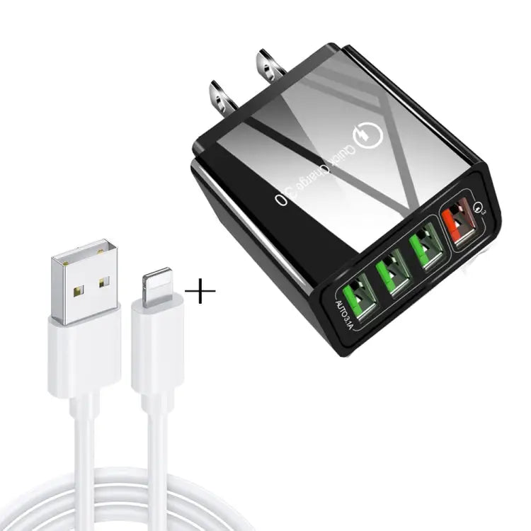2 in 1 1m USB to 8 Pin Data Cable + 30W QC 3.0 4 USB Interfaces Mobile Phone Tablet PC Universal Quick Charger Travel