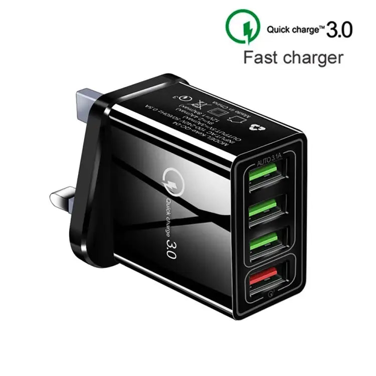 2 in 1 1m USB to 8 Pin Data Cable + 30W QC 3.0 4 USB Interfaces Mobile Phone Tablet PC Universal Quick Charger Travel