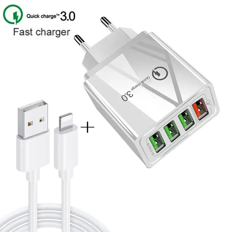 2 in 1 1m USB to 8 Pin Data Cable + 30W QC 3.0 4 USB Interfaces Mobile Phone Tablet PC Universal Quick Charger Travel