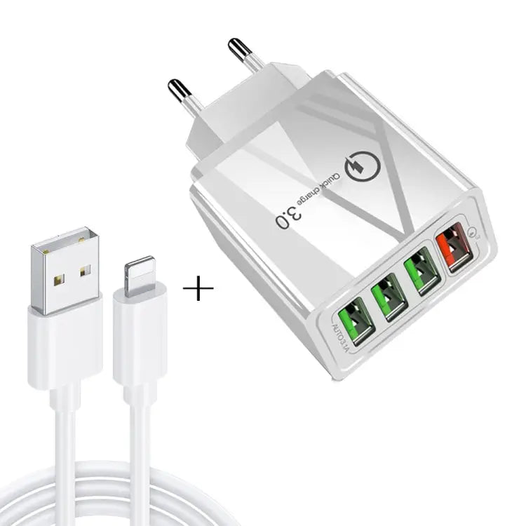 2 in 1 1m USB to 8 Pin Data Cable + 30W QC 3.0 4 USB Interfaces Mobile Phone Tablet PC Universal Quick Charger Travel