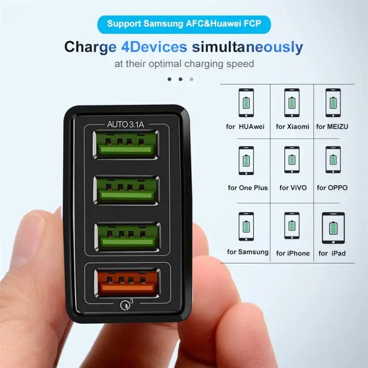 2 in 1 1m USB to 8 Pin Data Cable + 30W QC 3.0 4 USB Interfaces Mobile Phone Tablet PC Universal Quick Charger Travel