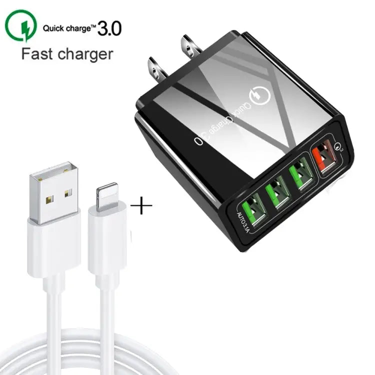 2 in 1 1m USB to 8 Pin Data Cable + 30W QC 3.0 4 USB Interfaces Mobile Phone Tablet PC Universal Quick Charger Travel