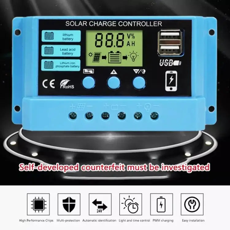 20A Solar Charge Controller 12V / 24V Lithium Lead-Acid Battery Charge Discharge PV Controller 20A - 20A