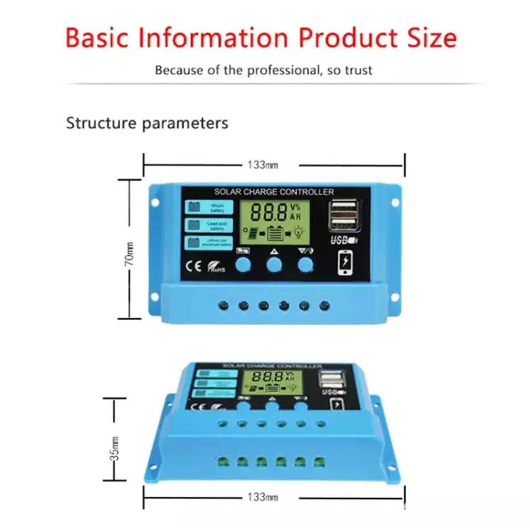 20A Solar Charge Controller 12V / 24V Lithium Lead-Acid Battery Charge Discharge PV Controller 20A - 20A