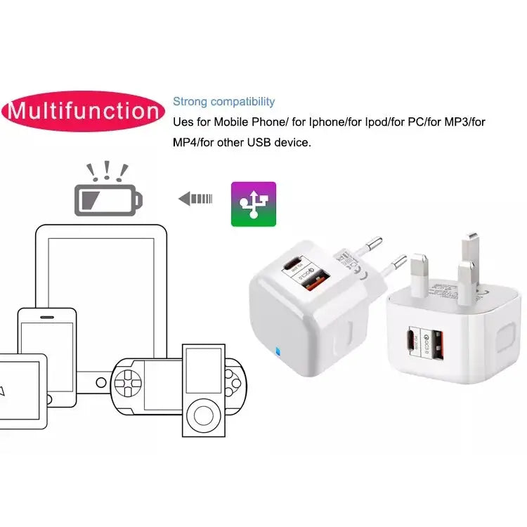 20W PD + QC 3.0 Dual Ports Travel Charger Power Adapter, US Plug EU Plug UK Plug - Apple Accessories
