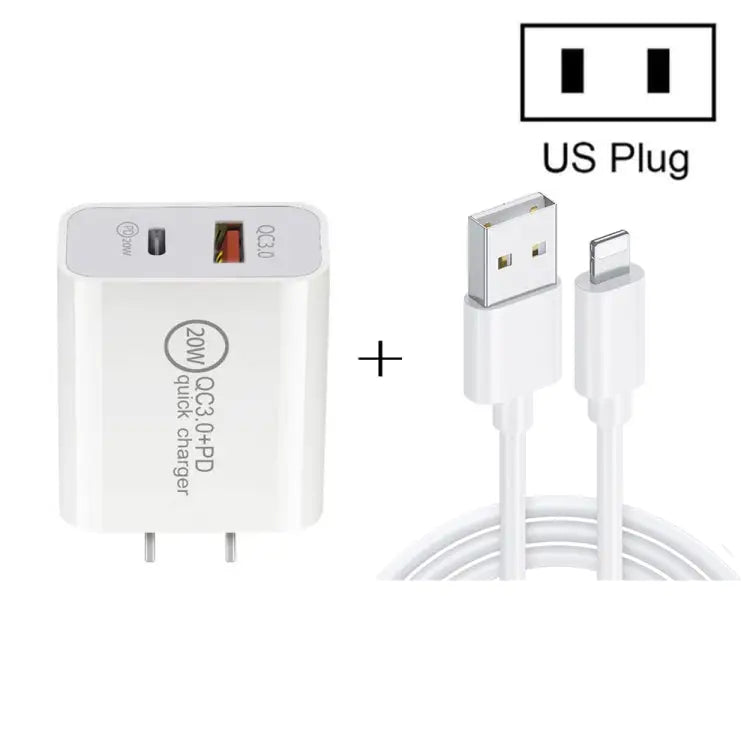 20W PD Type-C + QC 3.0 USB Interface Fast Charging Travel Charger with USB to 8 Pin Fast Charge Data Cable EU Plug