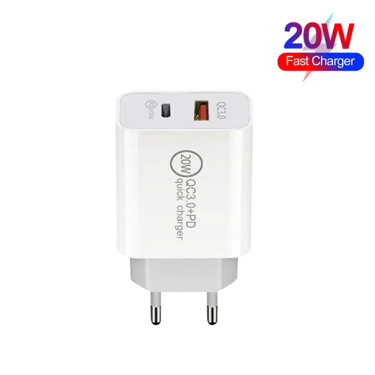 20W PD Type-C + QC 3.0 USB Interface Fast Charging Travel Charger with USB-C / Type-C to 8 Pin Fast Charge Data Cable
