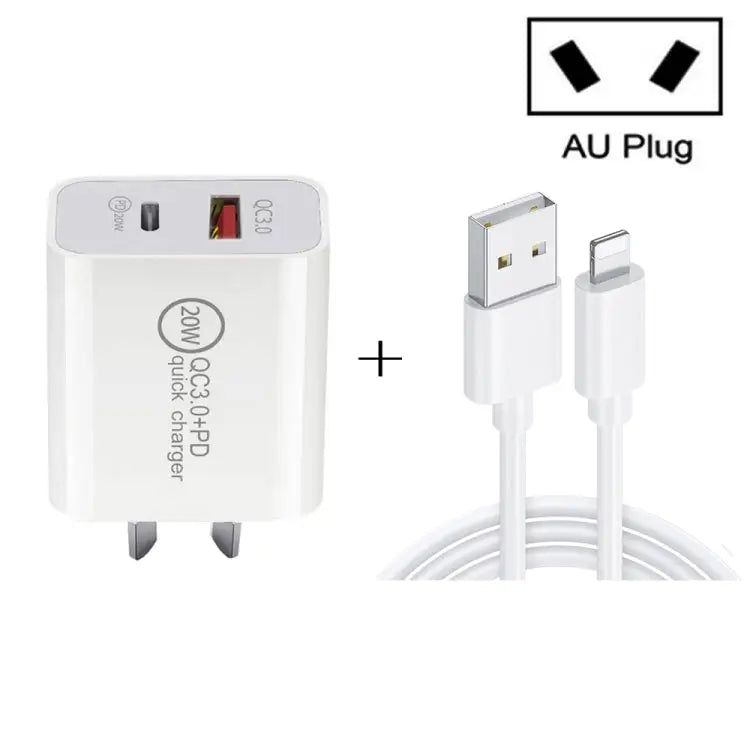 20W PD Type-C + QC 3.0 USB Interface Fast Charging Travel Charger with USB to 8 Pin Fast Charge Data Cable EU Plug