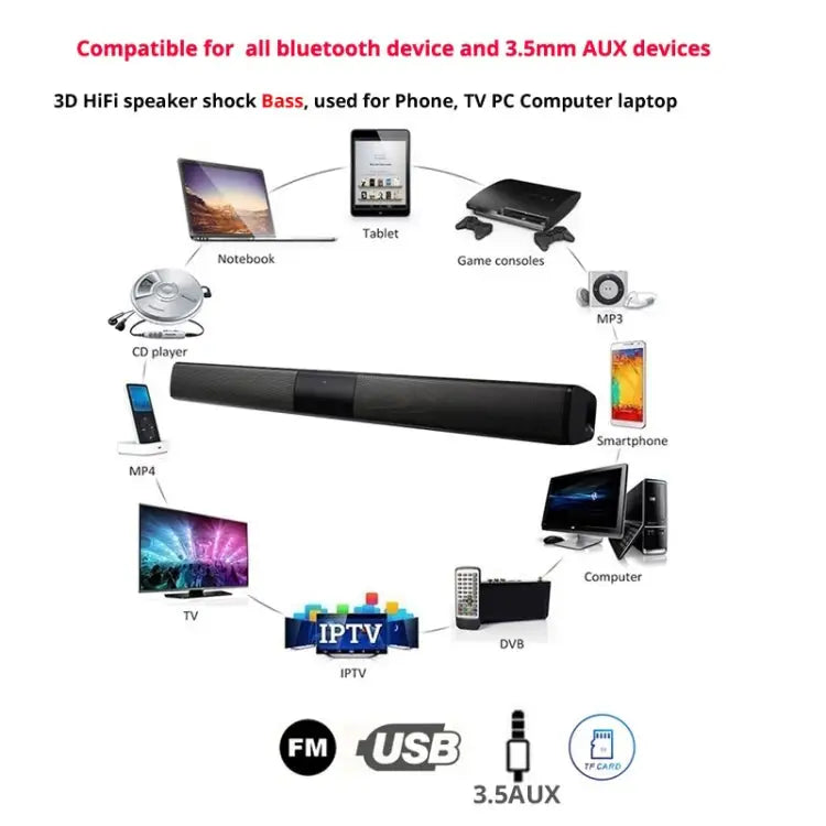 20W TV Soundbar Bluetooth Speaker FM Radio Home Theater System Portable Wireless Subwoofer Bass MP3 Music Boombox