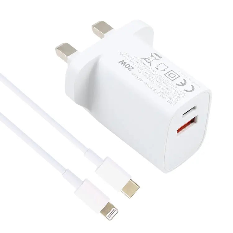 20W USB-C / Type-C + USB Ports Charger with 100W Type-C to 8 Pin Fast Charging Cable 1m Type-C to 8 Pin UK Plug 1m