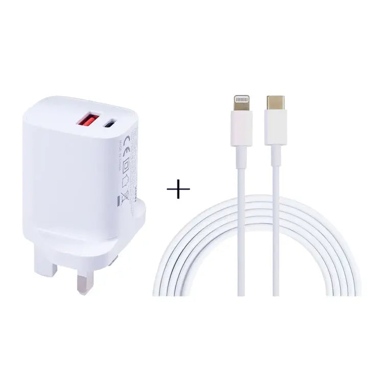 20W USB-C / Type-C + USB Ports Charger with 100W Type-C to 8 Pin Fast Charging Cable 1m Type-C to 8 Pin UK Plug 1m