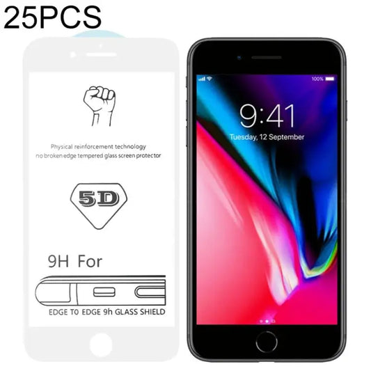 25 PCS 9H 5D White Full Glue Full Screen Tempered Glass Film for iPhone 8 / 7 - For iPhone SE 2020 / 8 / 7 (White) (25