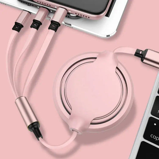 3.5A Liquid Silicone 3 in 1 USB to USB-C / Type-C + 8Pin + Micro USB Retractable Data Syn Charging Cable - Pink