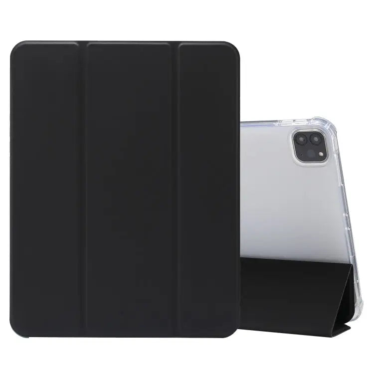 3-folding Electric Pressed Skin Texture Horizontal Flip Shockproof Transparent TPU + PU Leather Case with Holder & Pen