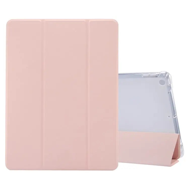 3-folding Electric Pressed Skin Texture Horizontal Flip Shockproof Transparent TPU + PU Leather Case with Holder & Pen