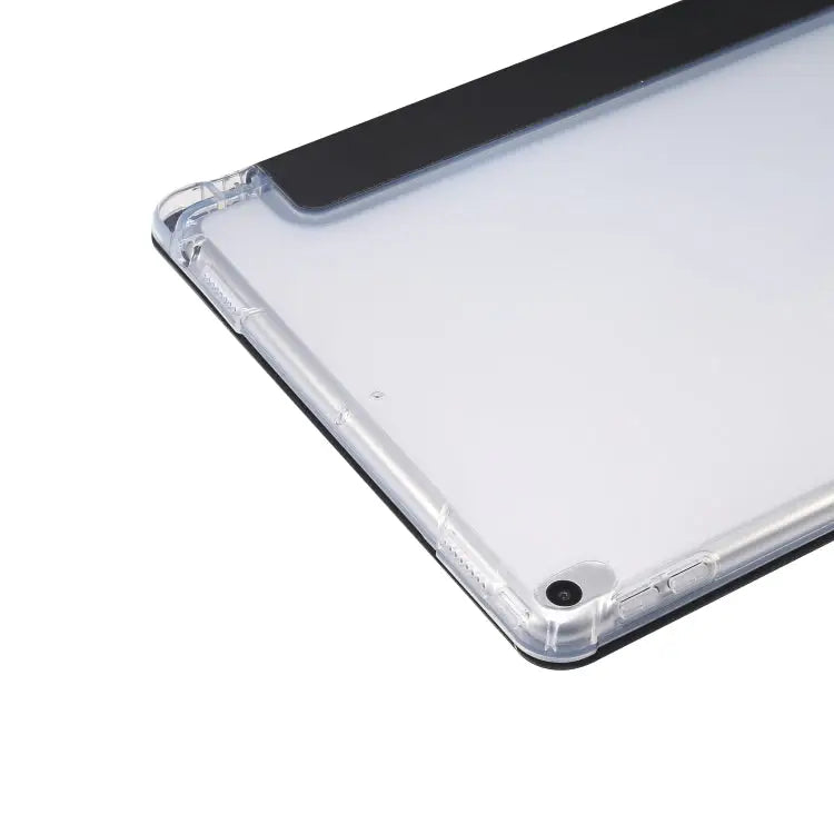3-folding Electric Pressed Skin Texture Horizontal Flip Shockproof Transparent TPU + PU Leather Case with Holder & Pen