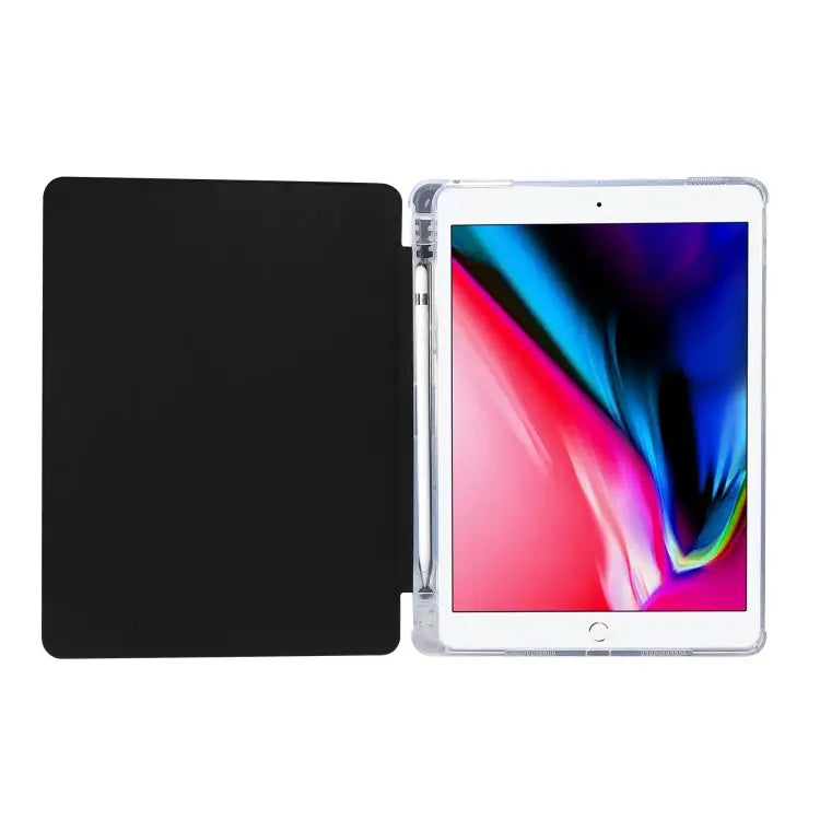 3-folding Electric Pressed Skin Texture Horizontal Flip Shockproof Transparent TPU + PU Leather Case with Holder & Pen