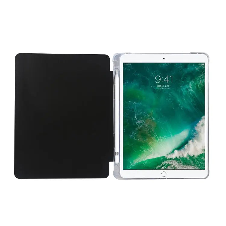3-folding Electric Pressed Skin Texture Horizontal Flip Shockproof Transparent TPU + PU Leather Case with Holder & Pen