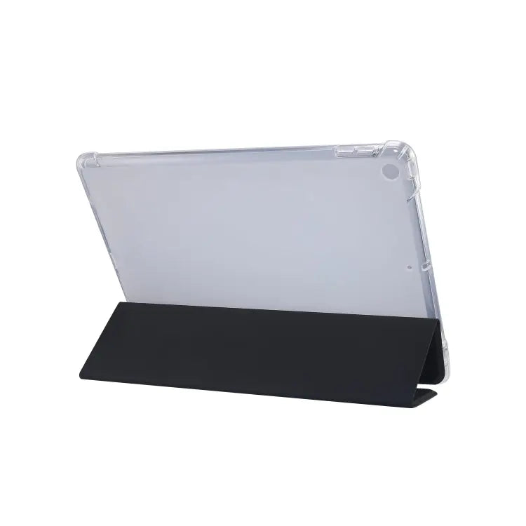 3-folding Electric Pressed Skin Texture Horizontal Flip Shockproof Transparent TPU + PU Leather Case with Holder & Pen