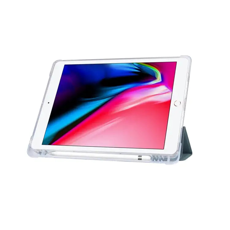 3-folding Electric Pressed Skin Texture Horizontal Flip Shockproof Transparent TPU + PU Leather Case with Holder & Pen