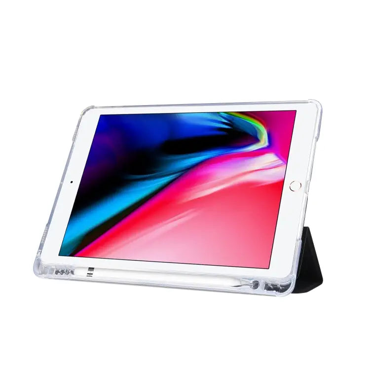 3-folding Electric Pressed Skin Texture Horizontal Flip Shockproof Transparent TPU + PU Leather Case with Holder & Pen