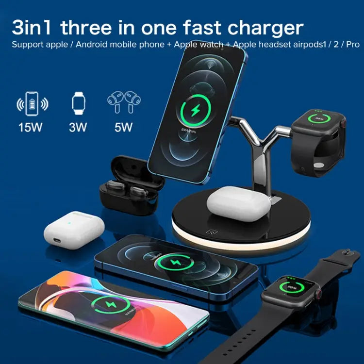 3 in 1 25W Multi-function Magnetic Wireless Charger for Mobile Phones & Apple Watches & AirPods with Colorful LED Light