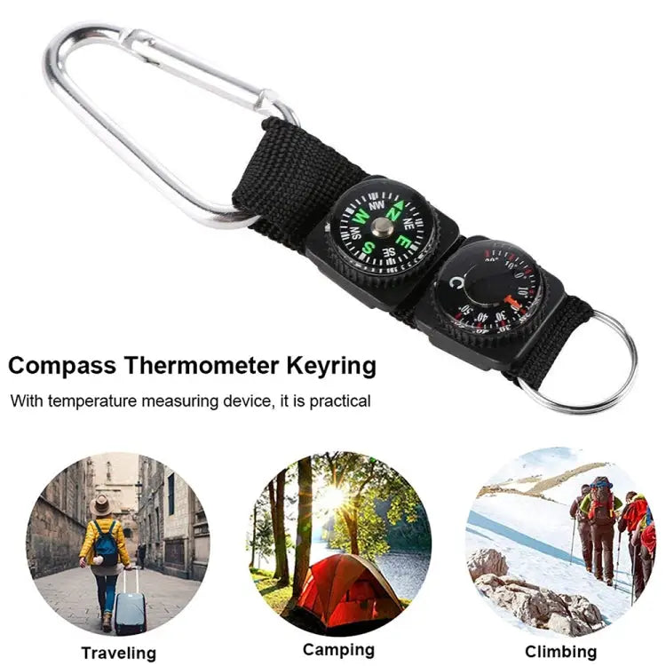 3 in 1 Camping Climbing Hiking Mini Carabiner with Keychain Compass Thermometer Hanger Key Ring Black 3 in 1 - 3 in 1