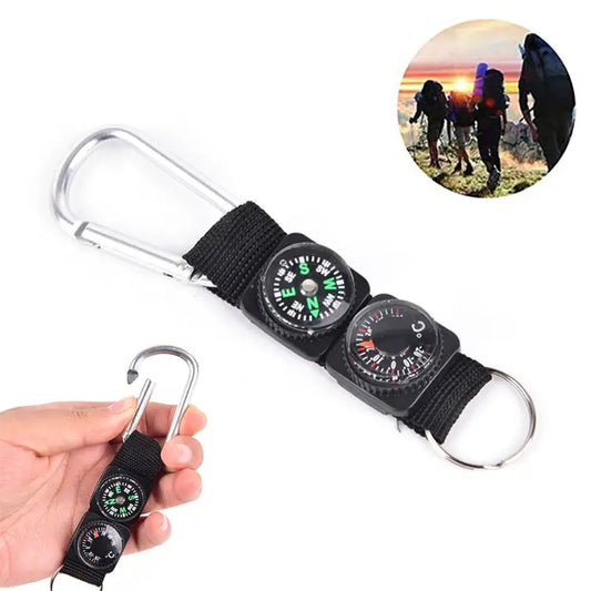 3 in 1 Camping Climbing Hiking Mini Carabiner with Keychain Compass Thermometer Hanger Key Ring Black 3 in 1 - 3 in 1