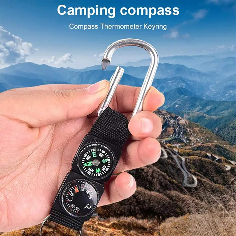 3 in 1 Camping Climbing Hiking Mini Carabiner with Keychain Compass Thermometer Hanger Key Ring Black 3 in 1 - 3 in 1