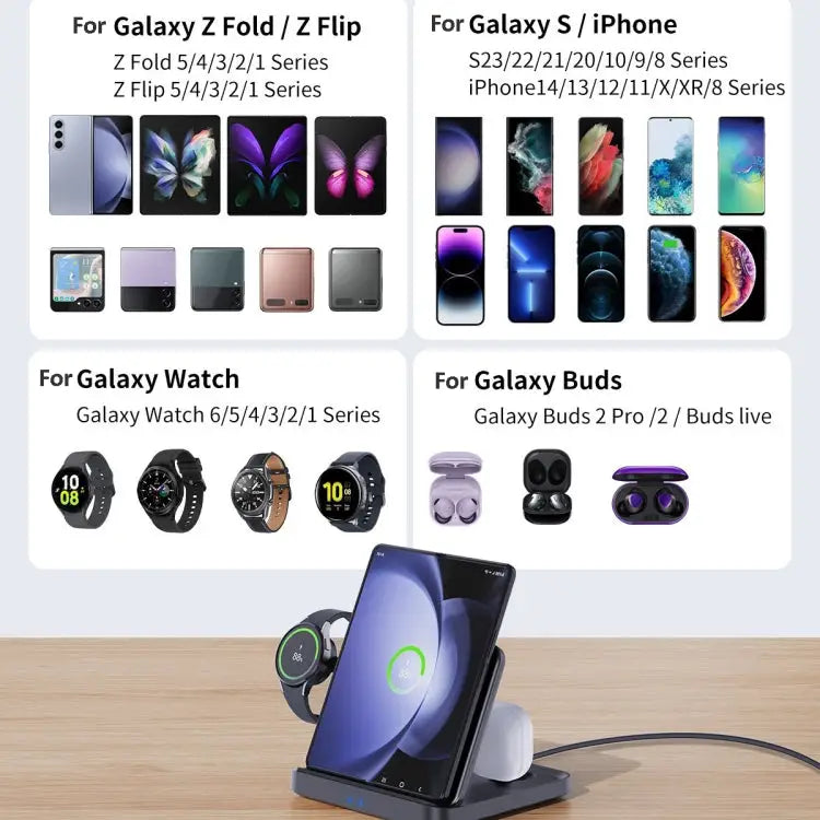 3 In 1 Wireless Charger For Samsung Galaxy Z Fold Mobile Phone Earphones & Smart Watches F16A - F16A - Apple Accessories