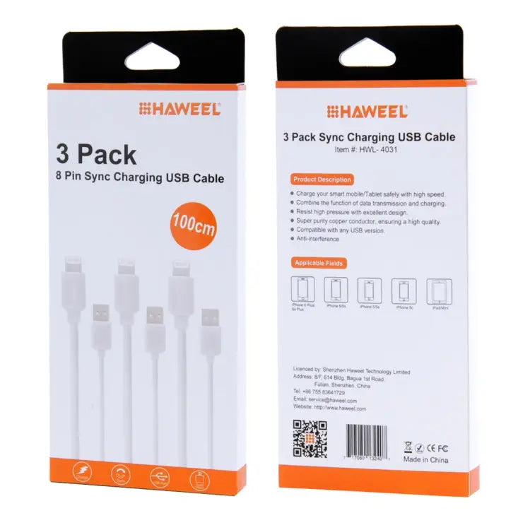 3 PCS HAWEEL 1m High Speed 8 pin to USB Sync and Charging Cable Kit for iPhone iPad - 3pcs