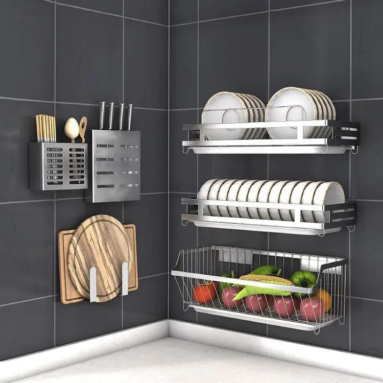 304 Stainless Steel Wall-mounted Kitchen Rack Hanging Knife Holder Double Cage Chopsticks Canister Double Cage