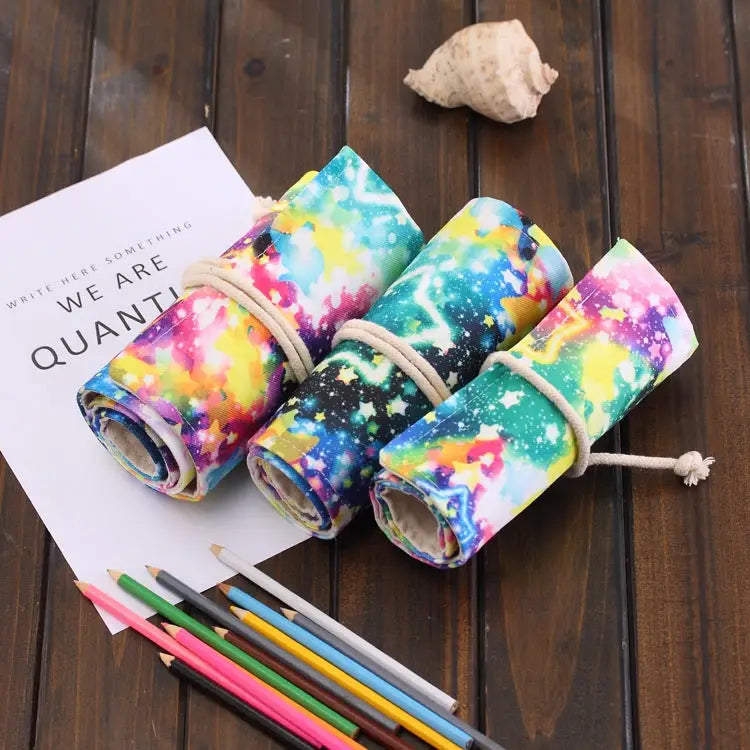 36 Slots Starry Sky Print Pen Bag Canvas Pencil Wrap Curtain Roll Up Pencil Case Stationery Pouch - 36 Slots
