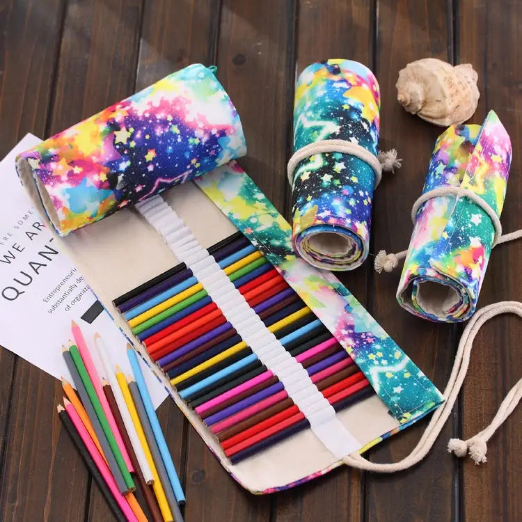 36 Slots Starry Sky Print Pen Bag Canvas Pencil Wrap Curtain Roll Up Pencil Case Stationery Pouch - 36 Slots