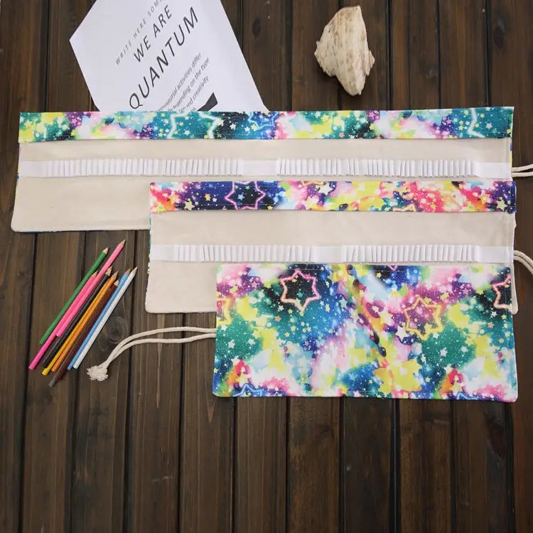 36 Slots Starry Sky Print Pen Bag Canvas Pencil Wrap Curtain Roll Up Pencil Case Stationery Pouch - 36 Slots