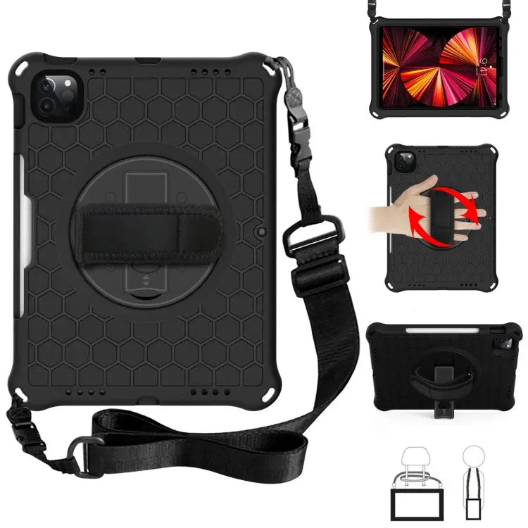 360 Degree Rotation Honeycomb Shockproof Silicone PC Protective Case with Holder & Shoulder Strap & Hand Strap For iPad