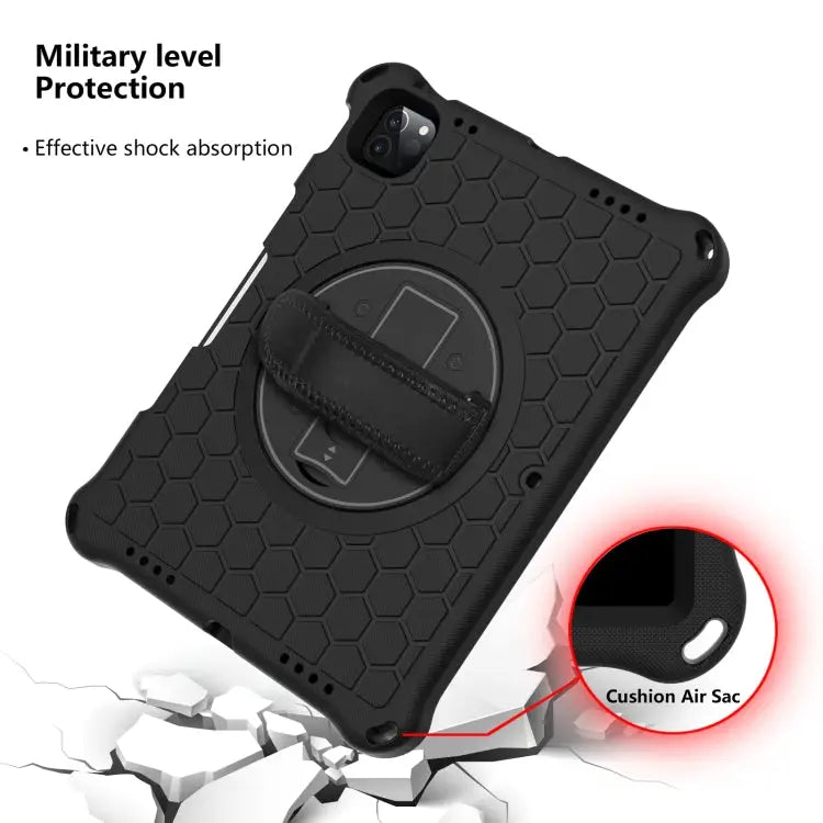 360 Degree Rotation Honeycomb Shockproof Silicone PC Protective Case with Holder & Shoulder Strap & Hand Strap For iPad