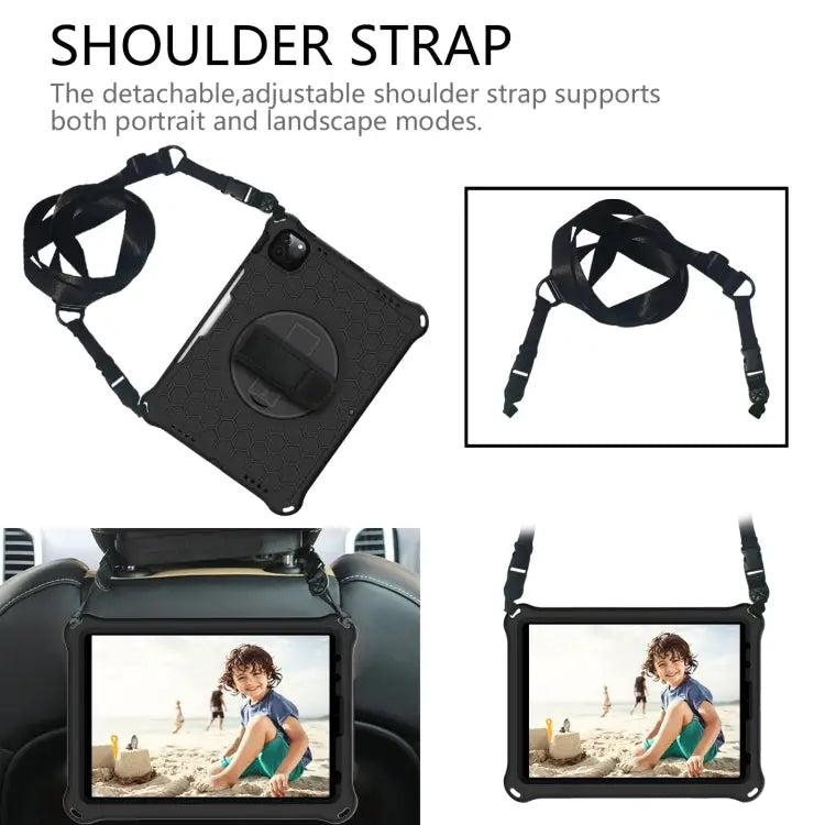 360 Degree Rotation Honeycomb Shockproof Silicone PC Protective Case with Holder & Shoulder Strap & Hand Strap For iPad