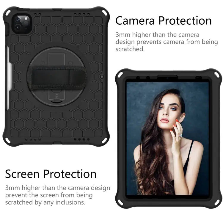 360 Degree Rotation Honeycomb Shockproof Silicone PC Protective Case with Holder & Shoulder Strap & Hand Strap For iPad