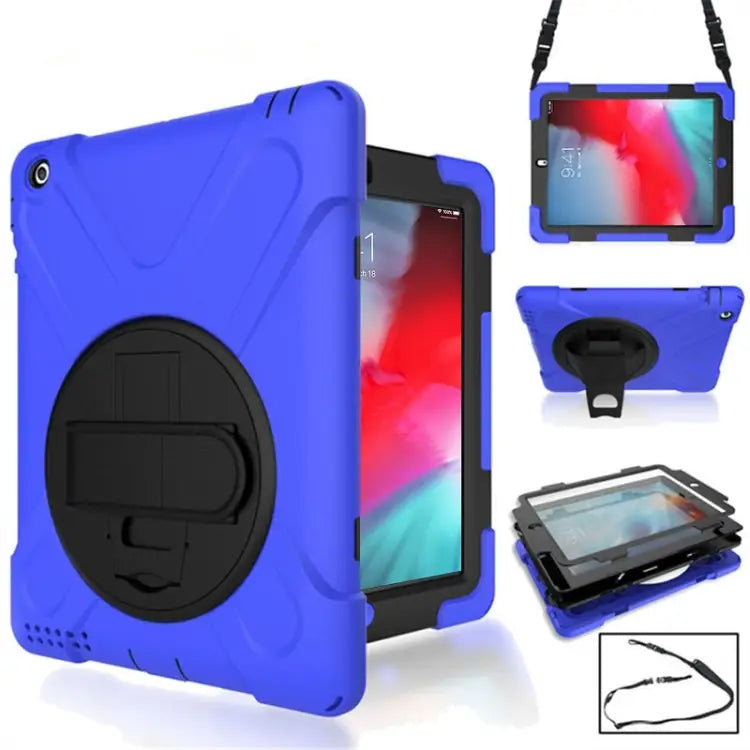360 Degree Rotation Silicone Protective Cover with Holder and Hand Strap and Long Strap for iPad 9.7 (2017) & (2018)
