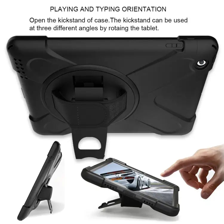 360 Degree Rotation Silicone Protective Cover with Holder and Hand Strap and Long Strap for iPad 9.7 (2017) & (2018)
