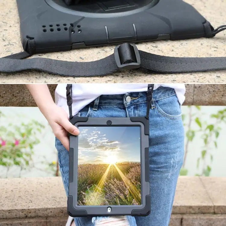 360 Degree Rotation Silicone Protective Cover with Holder and Hand Strap and Long Strap for iPad 9.7 (2017) & (2018)