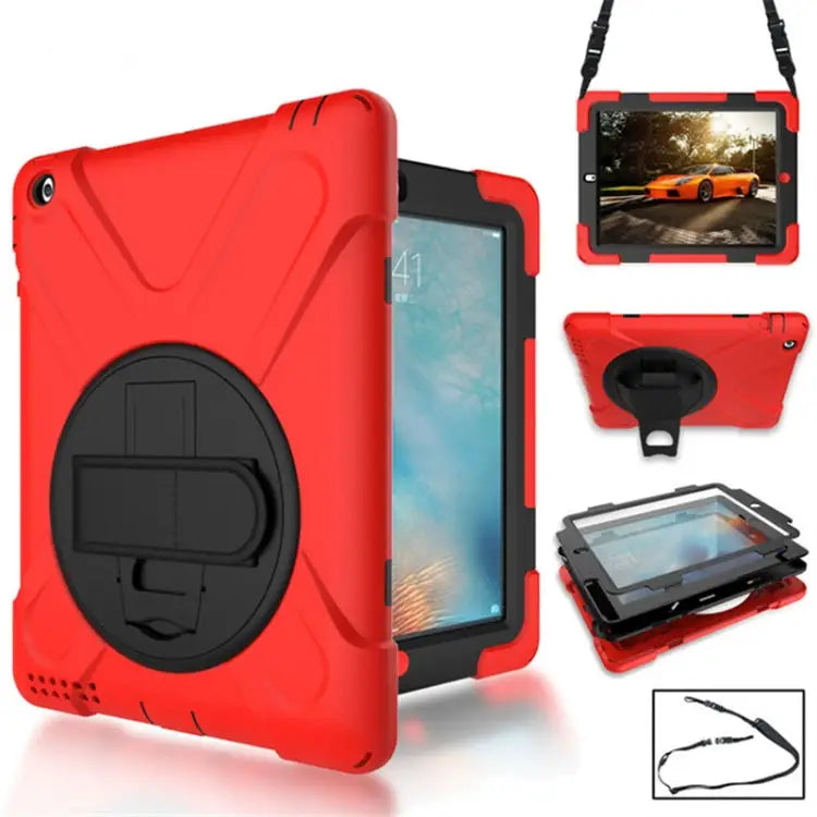 360 Degree Rotation Silicone Protective Cover with Holder and Hand Strap and Long Strap for iPad 9.7 (2017) & (2018)